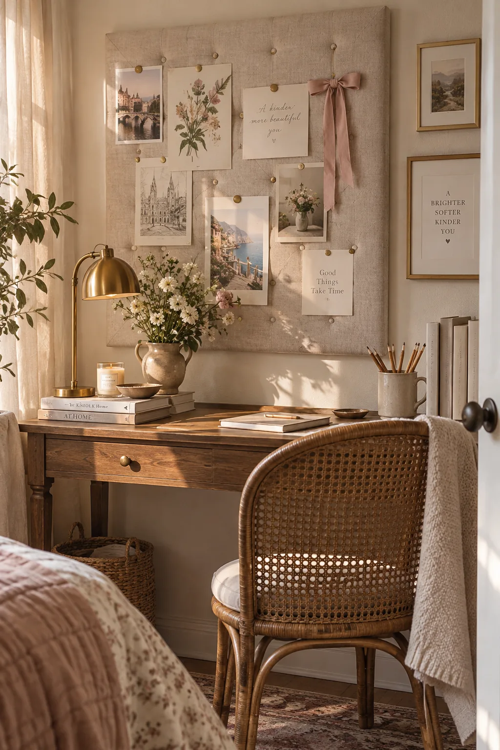 Linen upholstered pinboard hanging above a small bedroom desk