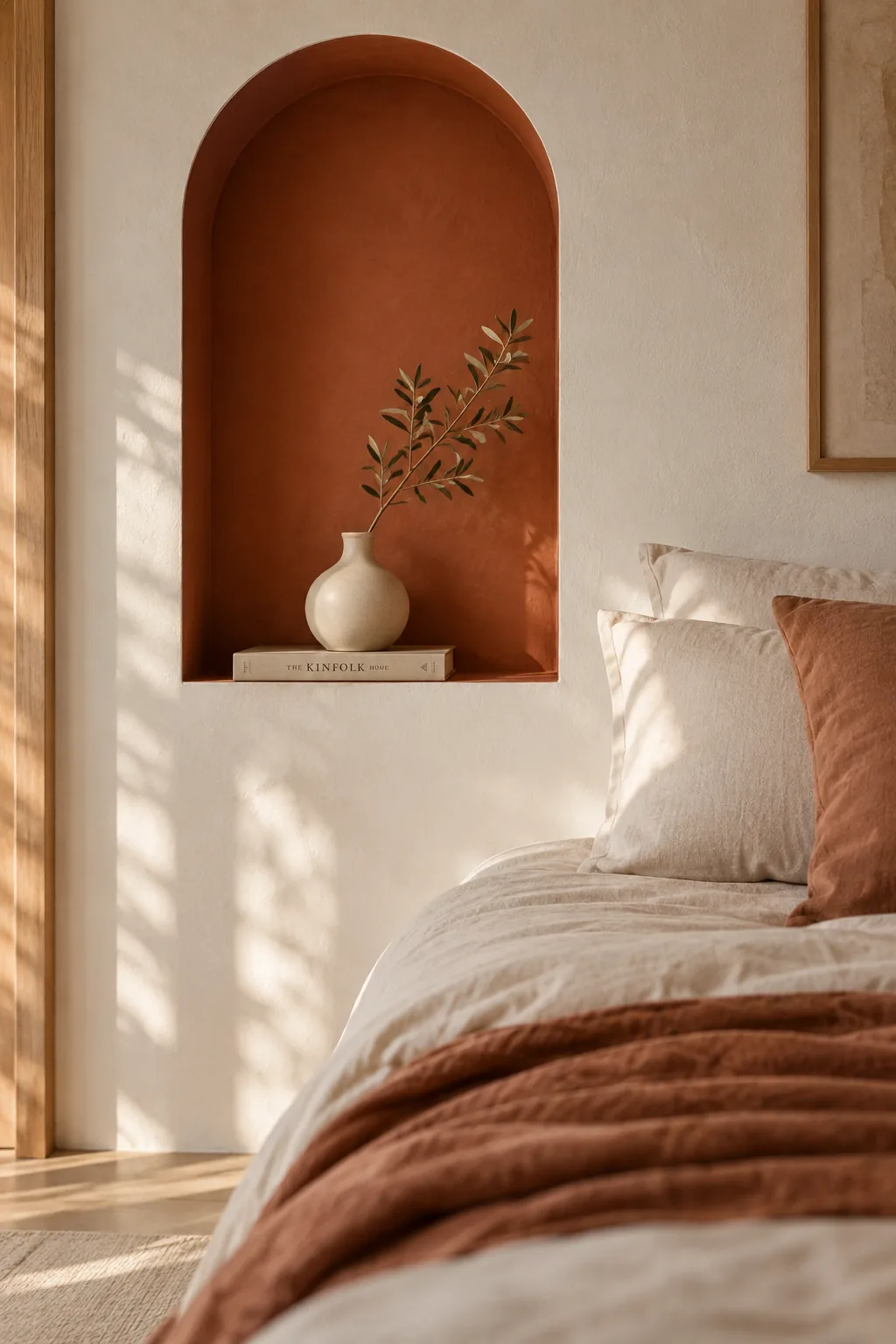 Shallow built-in drywall niche behind a bed holding a book