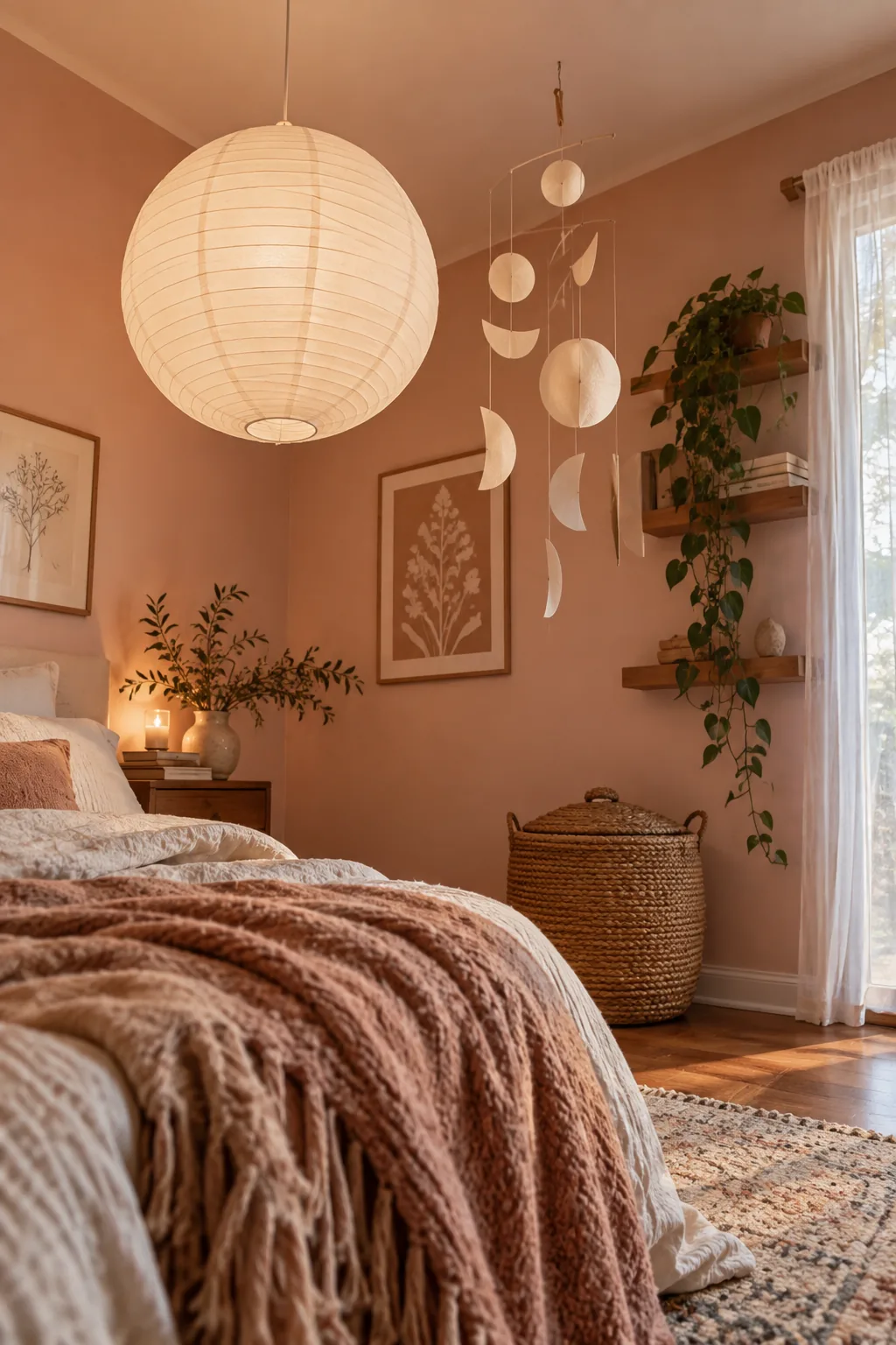 Delicate paper lantern hanging in the corner of a bedroom