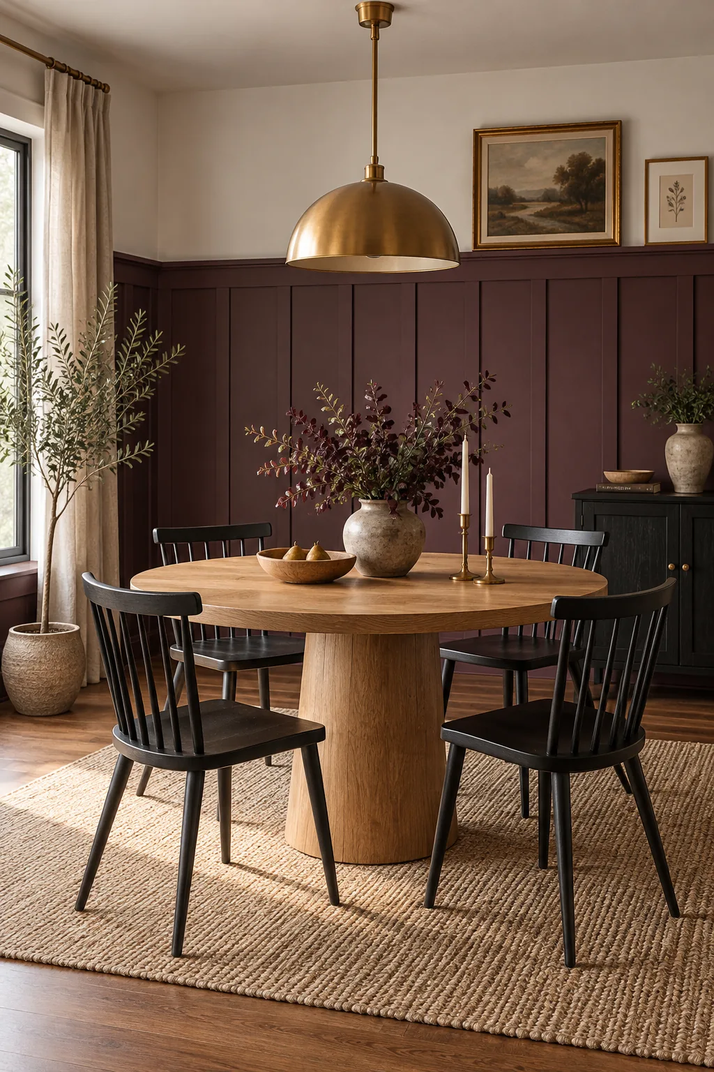 A dining room with moody plum board-and-batten walls and a round oak table.