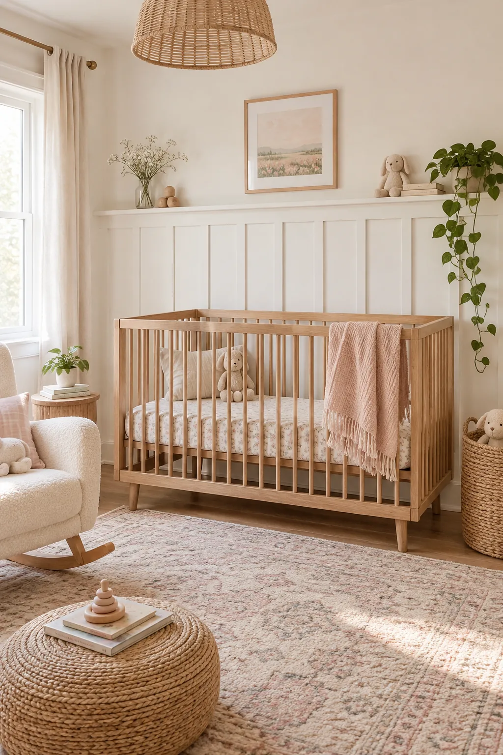 A bright nursery with crisp white board-and-batten walls and a natural wood crib.