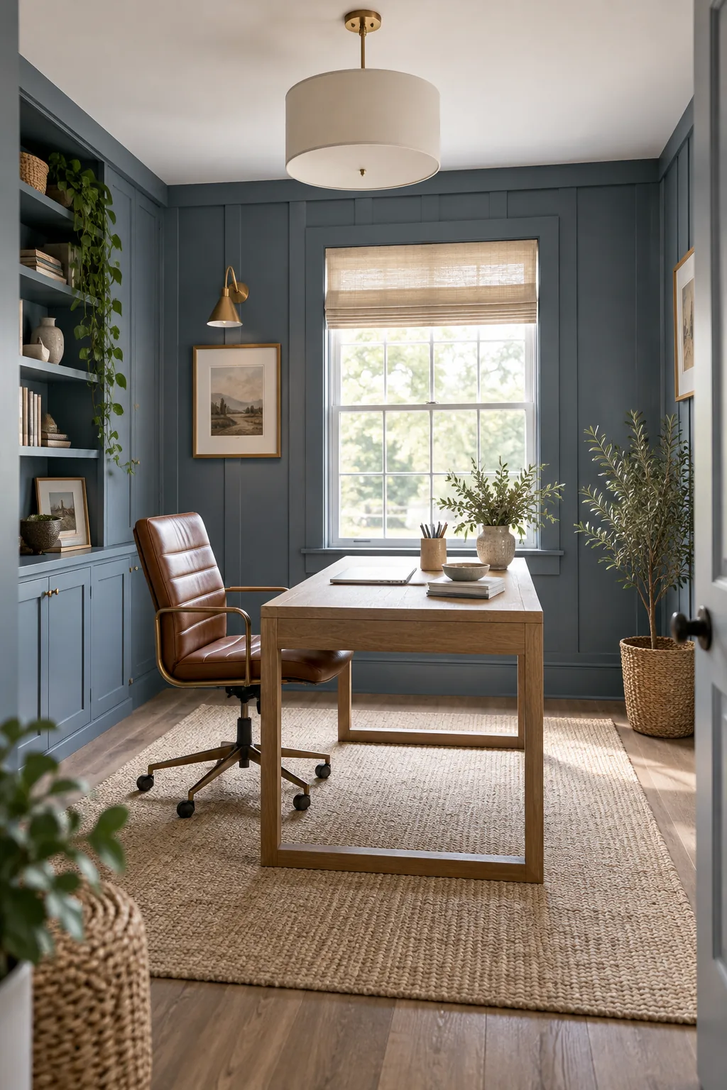 A home office wrapped in slate blue board-and-batten trim with a minimalist desk.
