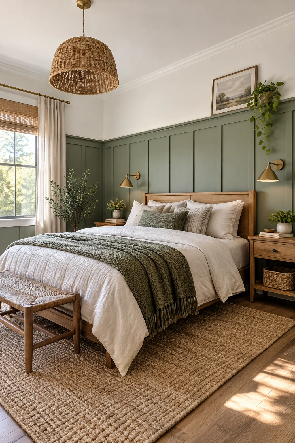 A wide view of a bedroom wall showing sage green trim covering the lower two-thirds and white paint above.
