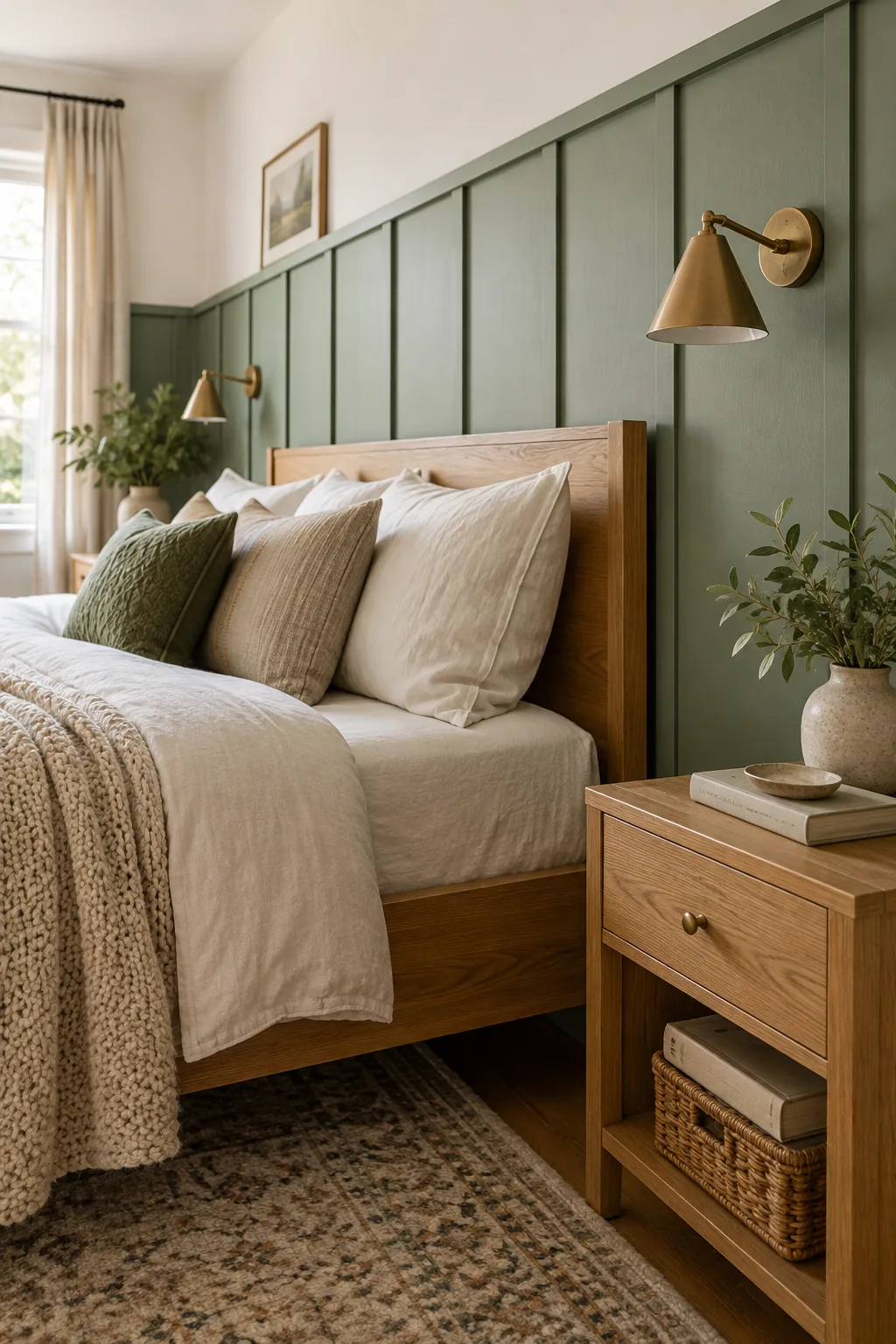A wooden headboard perfectly centered within the gap between two vertical green wall battens.