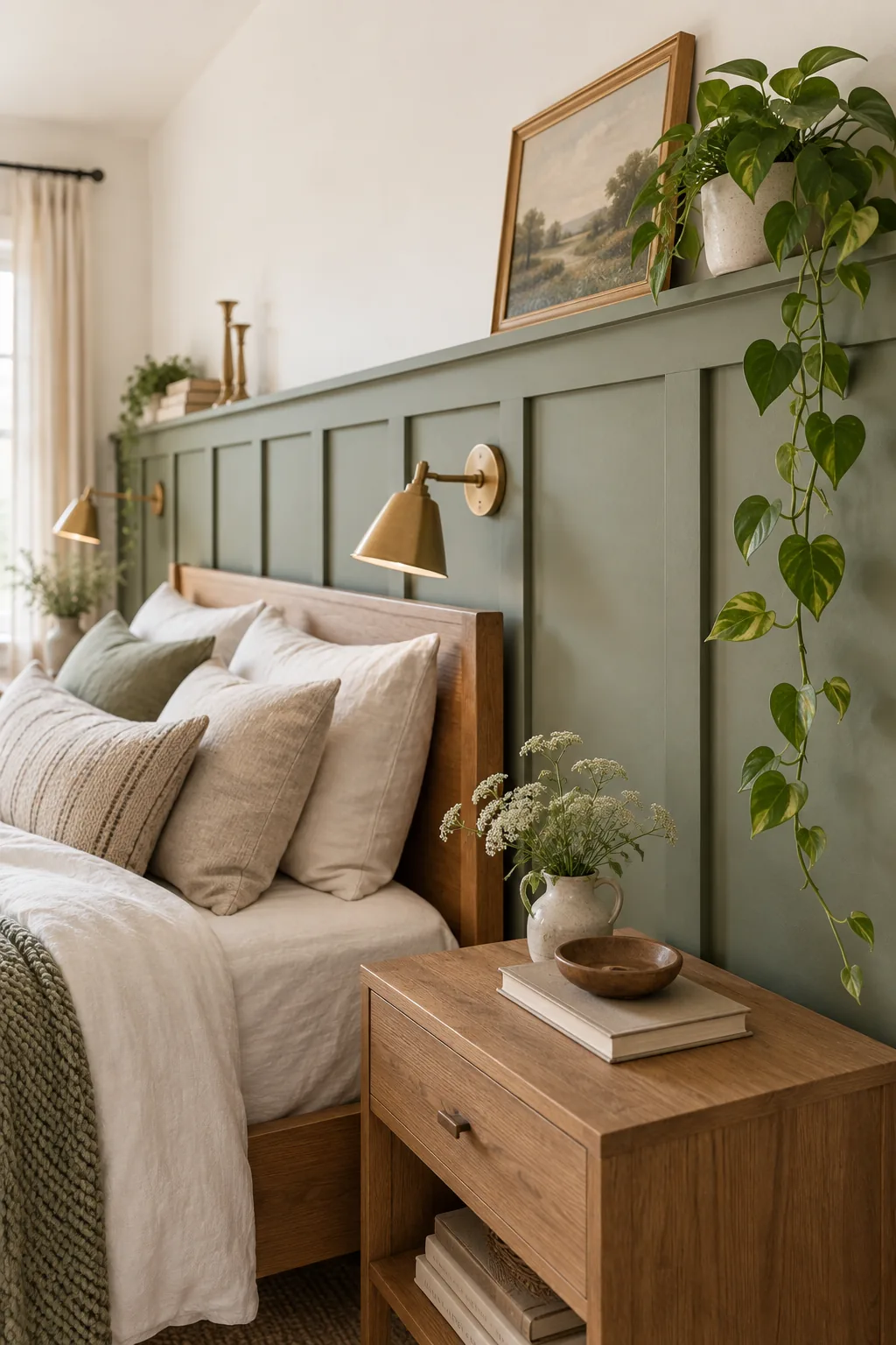 An angled view down a green accent wall showing evenly spaced vertical wood battens.