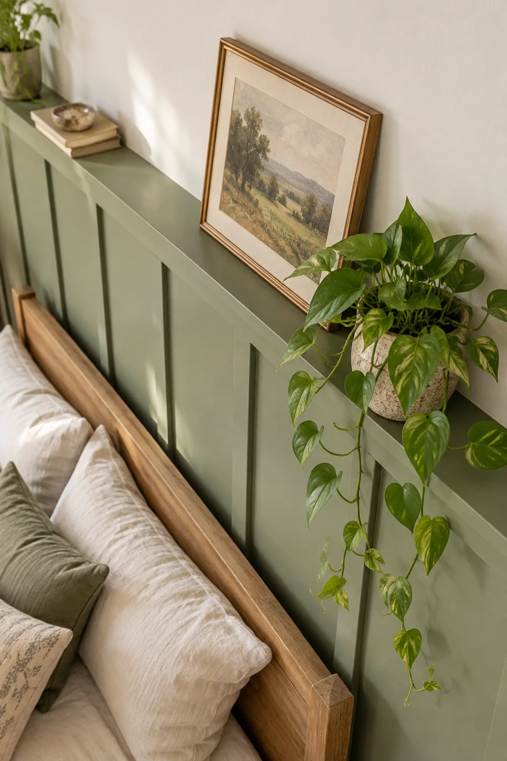 A small framed landscape print resting on the top ledge of a green board-and-batten wall.