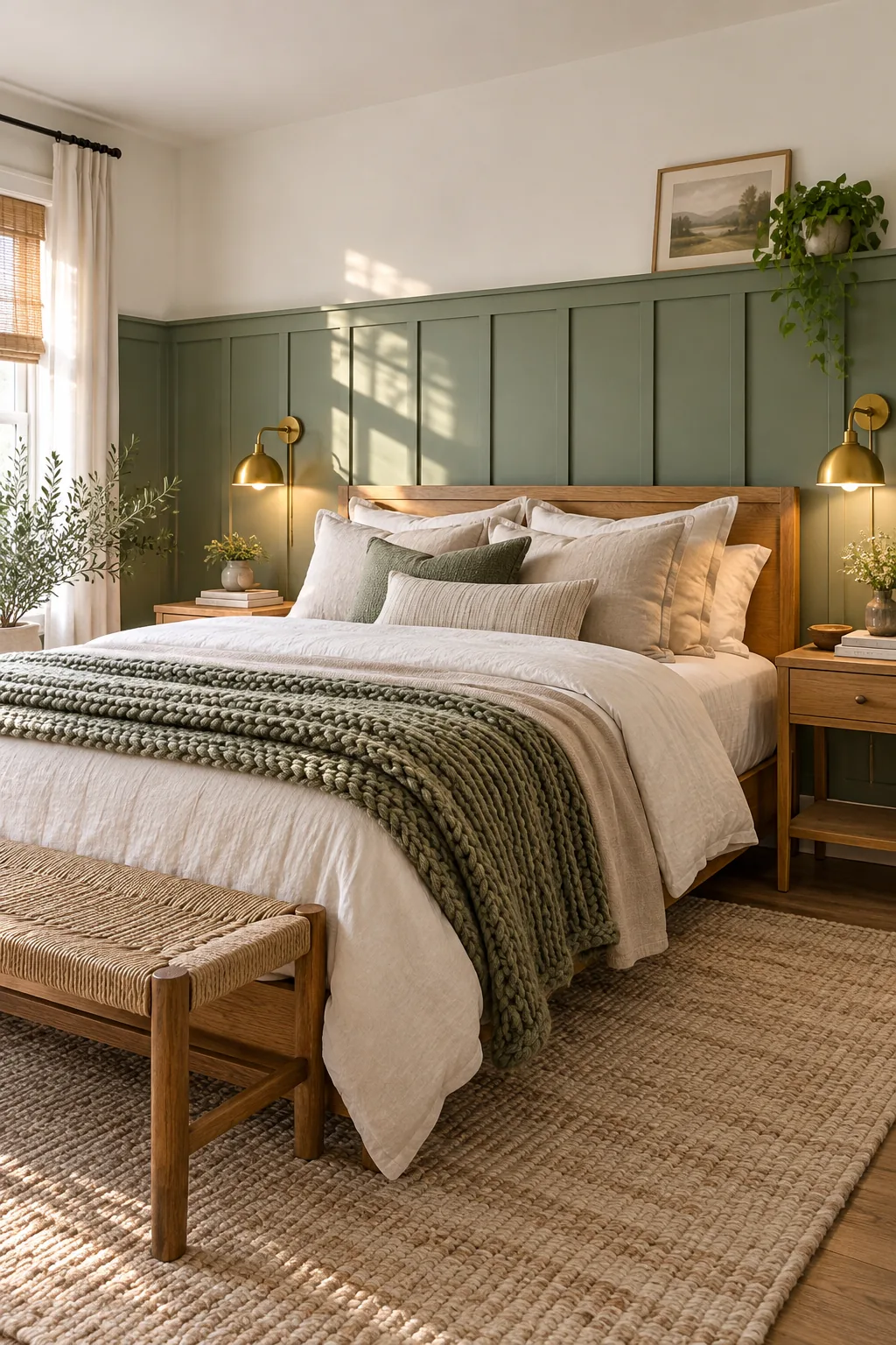 The bottom of a green vertical batten cut at an angle to meet a white floor baseboard.