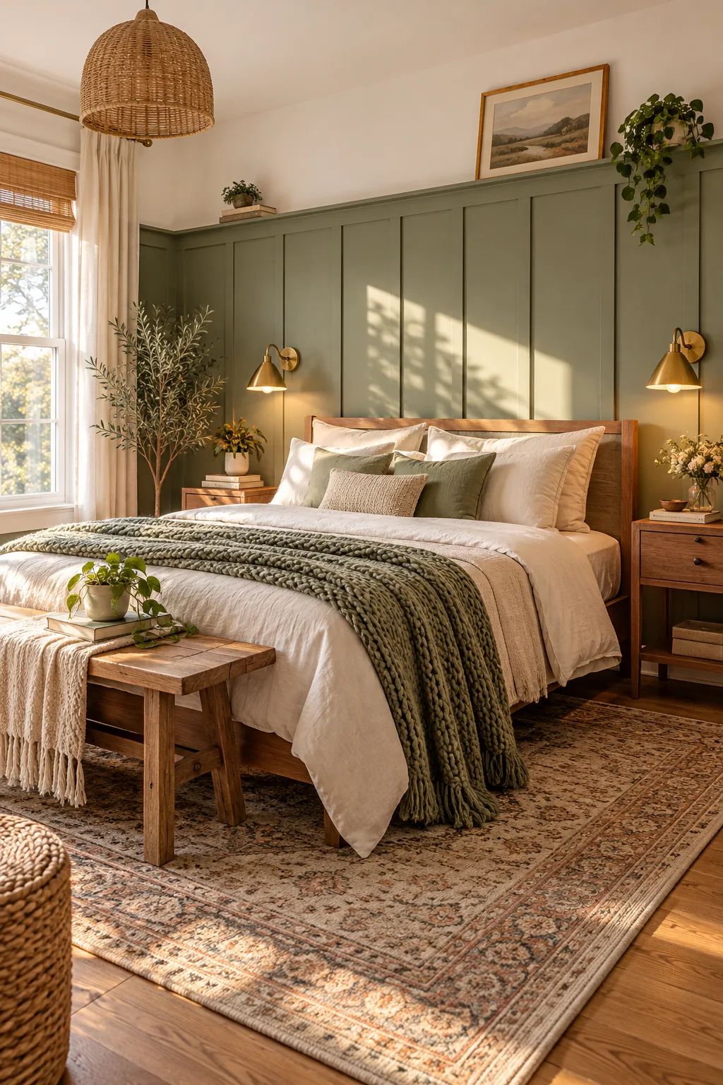 A fully styled bedroom with a sage green accent wall, warm lighting, and cozy textured bedding.