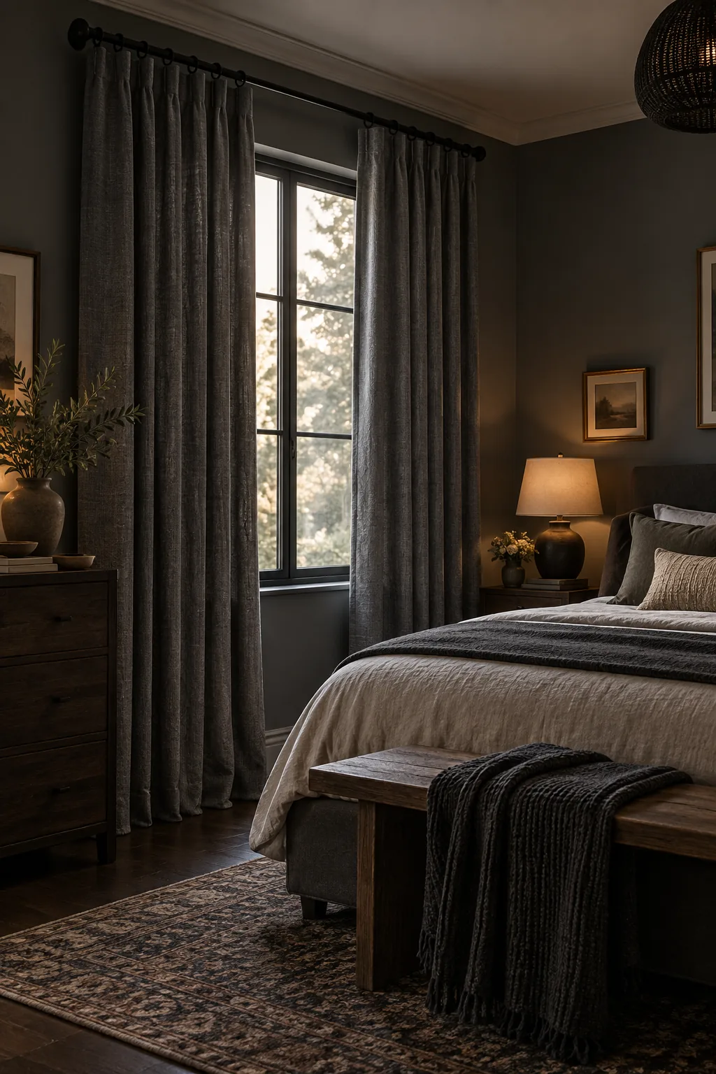Slate gray heavy linen curtains on black hardware in a dark charcoal bedroom.