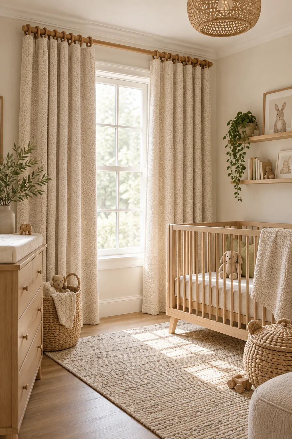 Oatmeal bouclé curtains on wooden rings in a warm minimalist nursery.