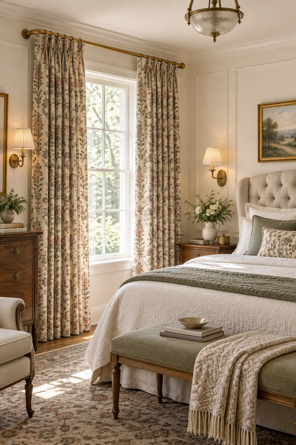 Floral block-print cotton curtains on brass French return rods in a traditional bedroom.
