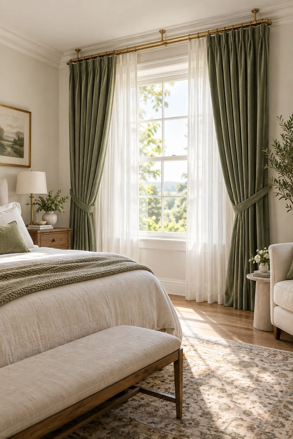 Symmetrically drawn sage green velvet curtains over white linen sheers in a bright bedroom.