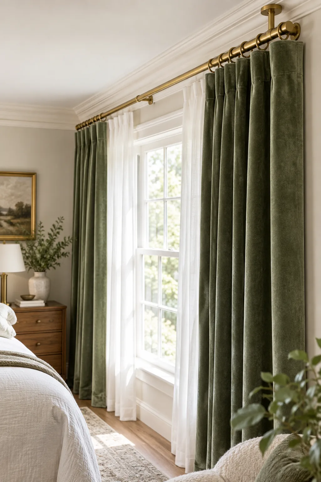Brass curtain rod mounted directly beneath white crown molding holding green velvet curtains.