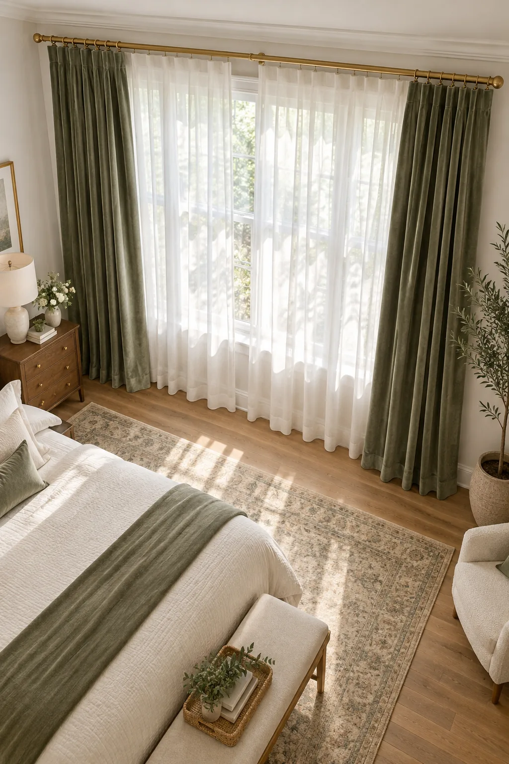 Curtain rod extending far past the window frame with velvet curtains stacked against the wall.