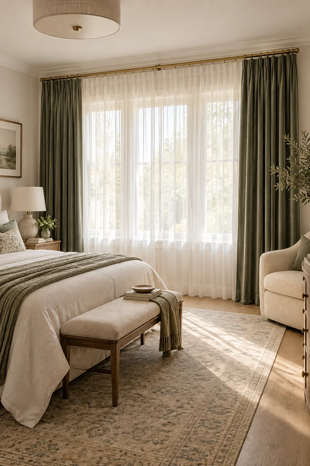 Sunlight filtering softly through textured white linen sheer curtains.