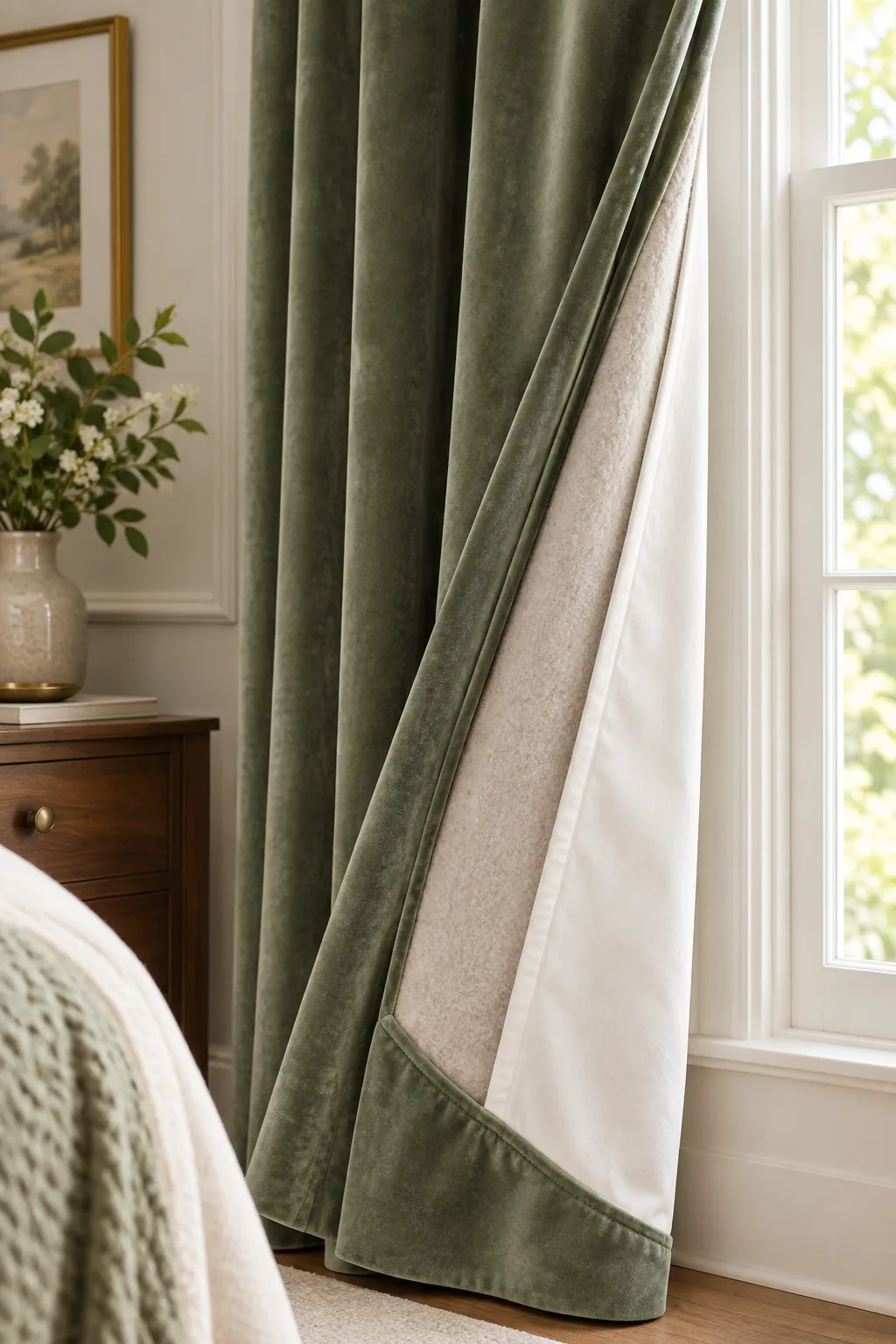 Close-up of a curtain edge showing a thick flannel layer between green velvet and white lining.