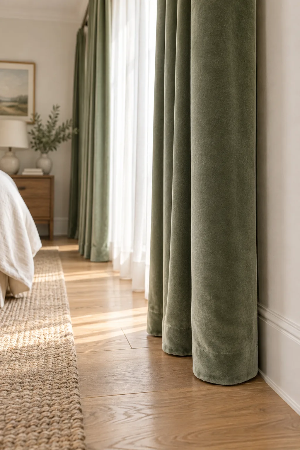 Outer edge of a green velvet curtain wrapping tightly flush against a white wall.
