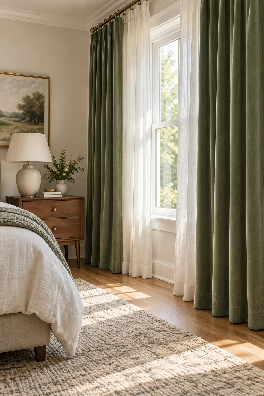 Bottom hem of a green velvet curtain lightly touching a light oak hardwood floor.