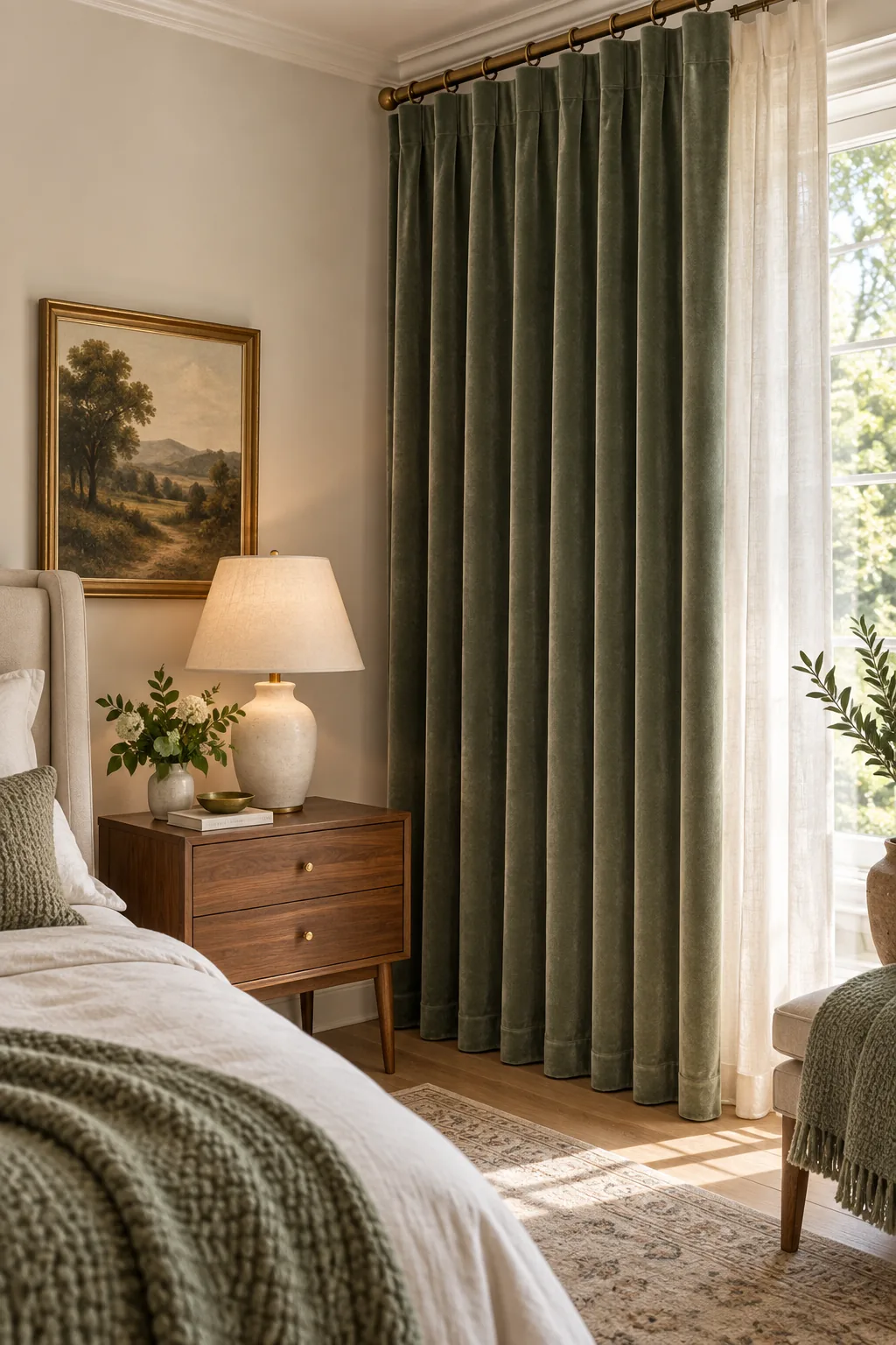 Perfectly pleated green velvet curtains hanging beside a mid-century nightstand.