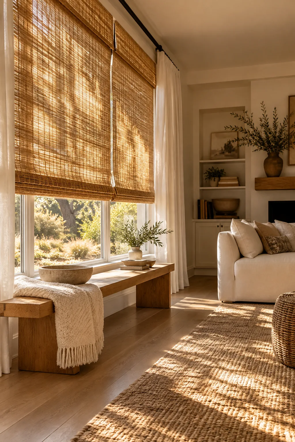 Woven wood shades layered with white linen curtains in a living room