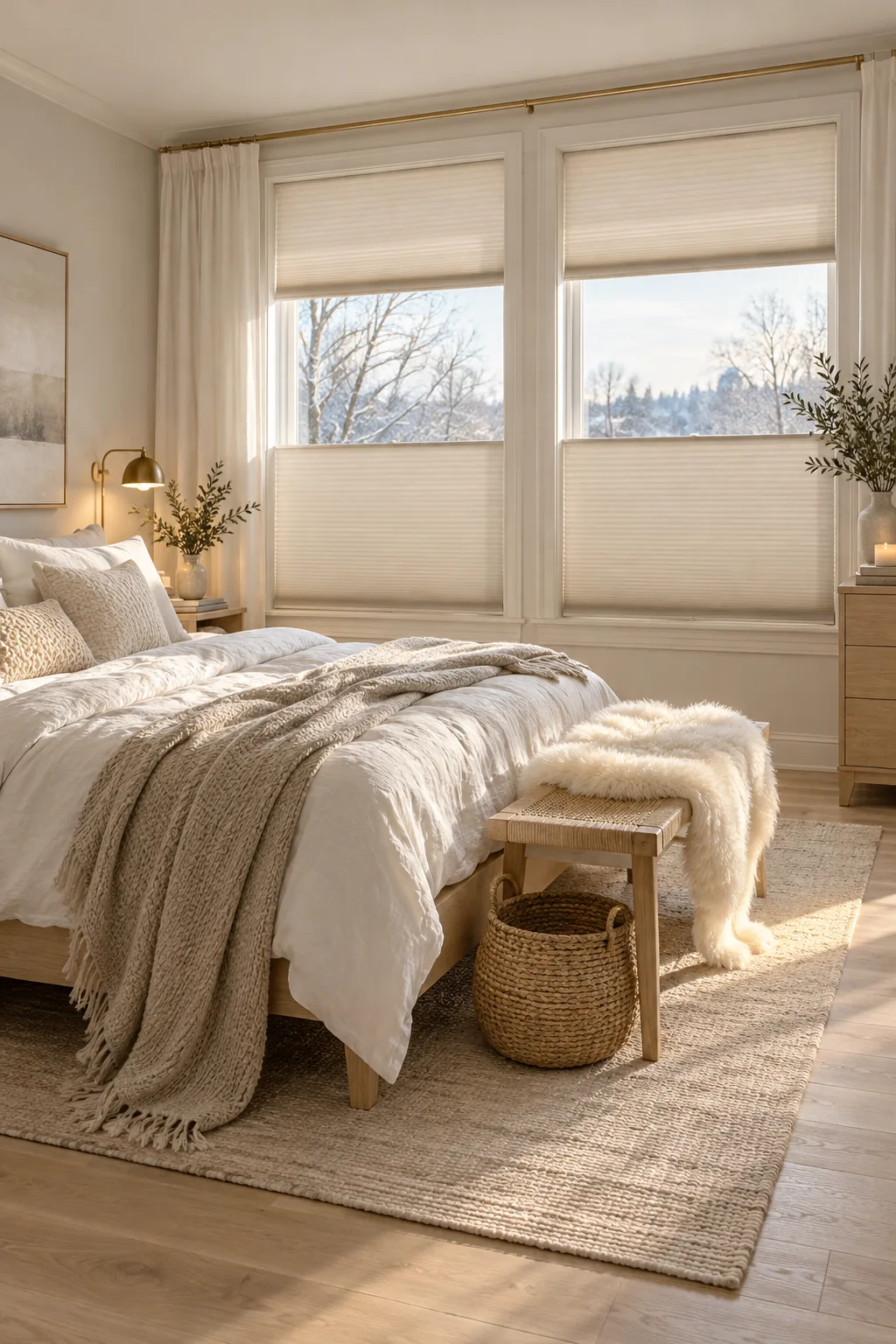 Top-down bottom-up cellular shades in a bedroom with the top open