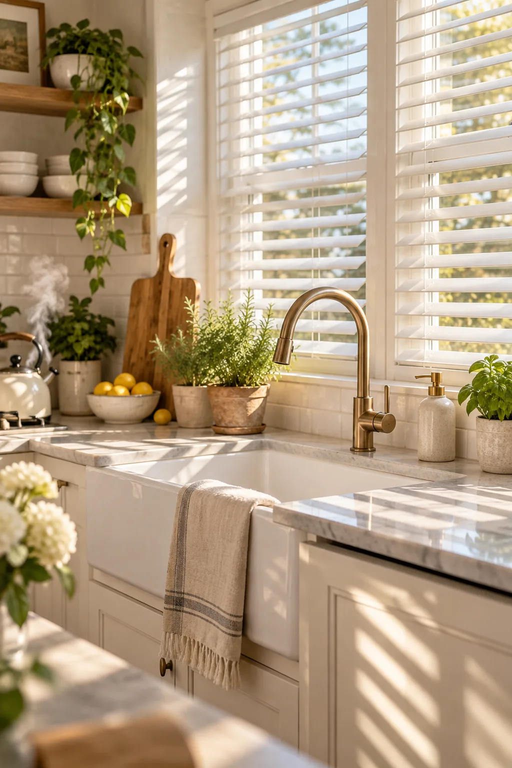 Wide faux wood blinds in a bright white bathroom
