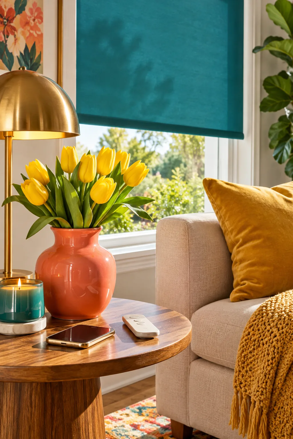 Modern motorized roller shade lowering over a large living room window