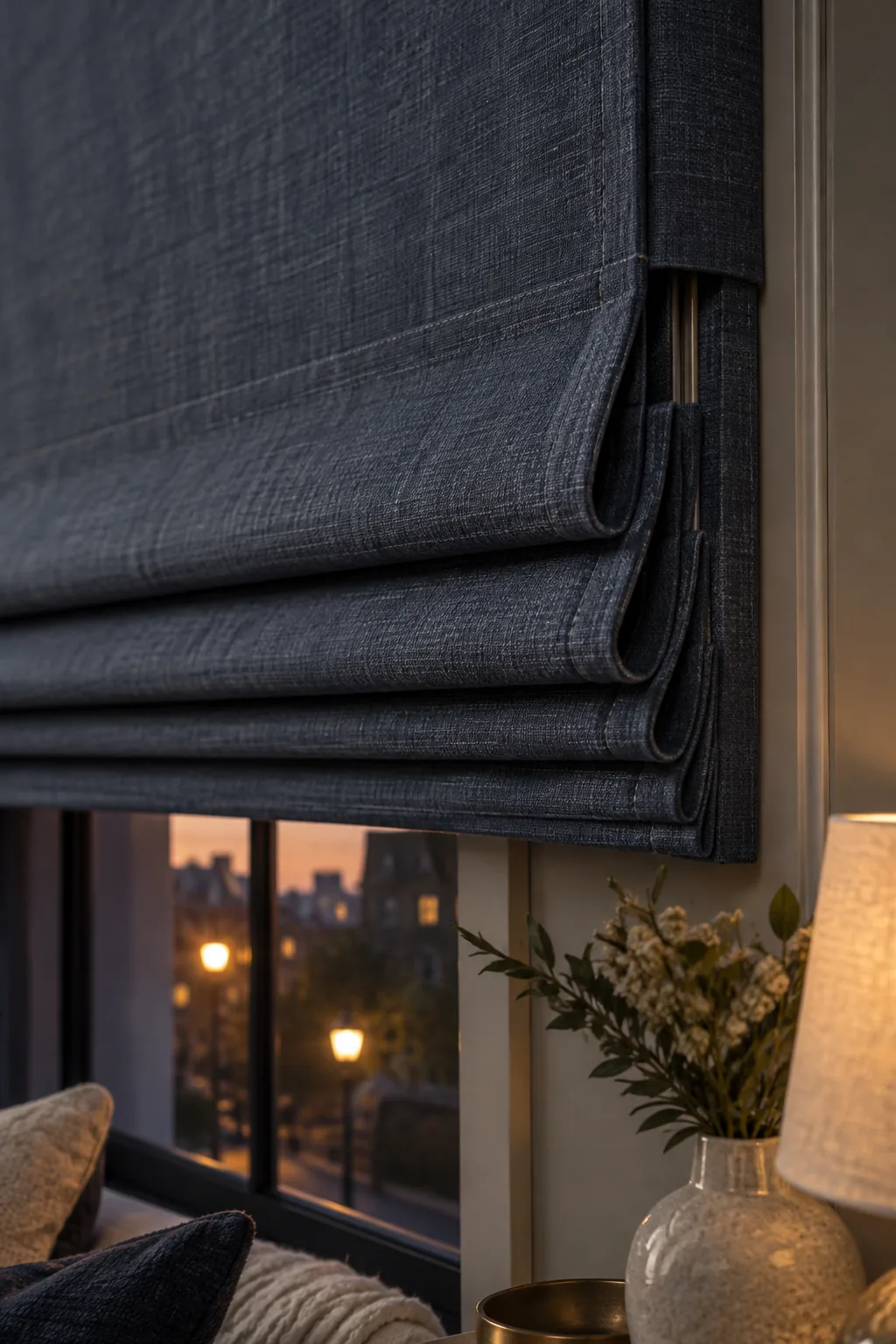 Blackout Roman blind in a dark bedroom mounted outside the frame