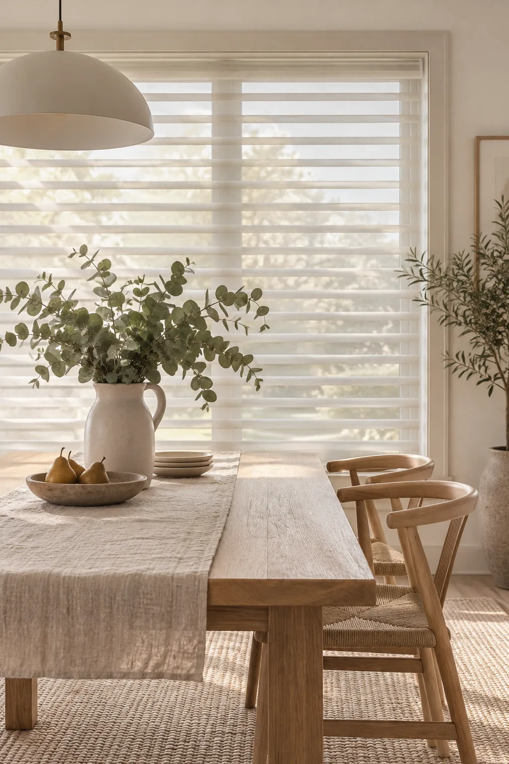 Layered sheer shades in a modern dining room