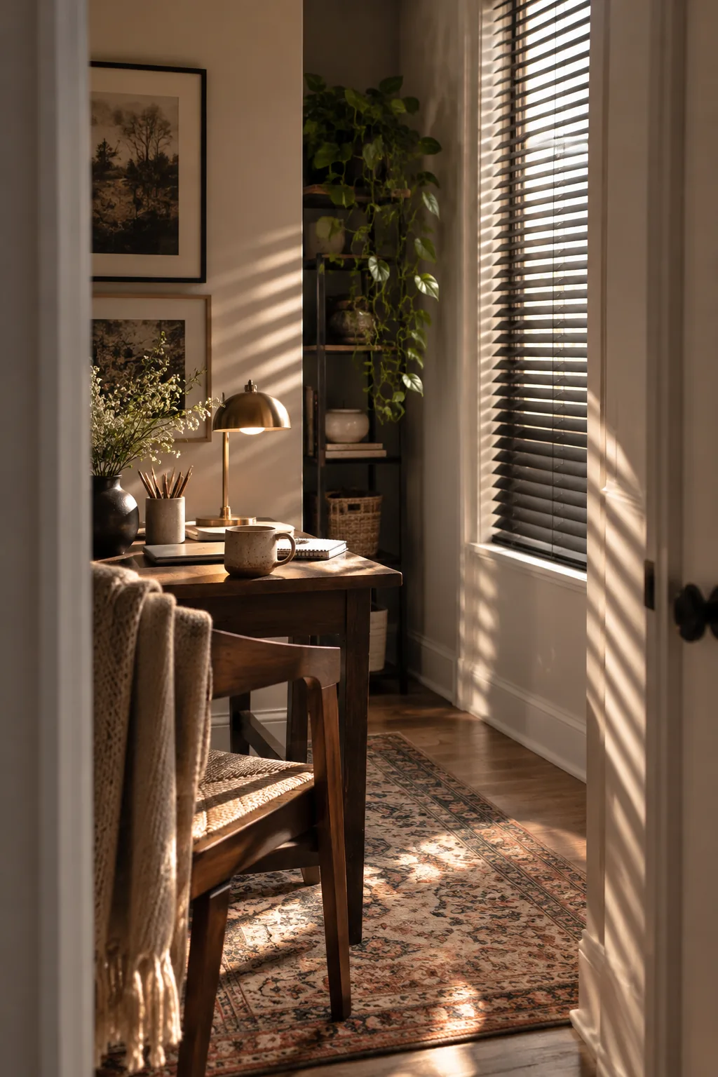 Black aluminum mini blinds in a modern home office