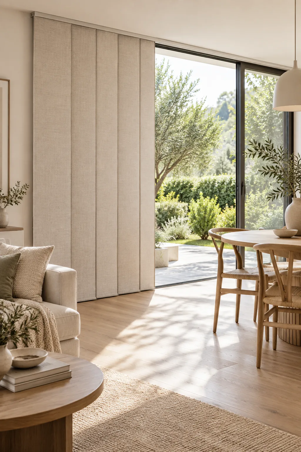 Fabric panel tracks covering a large sliding glass door