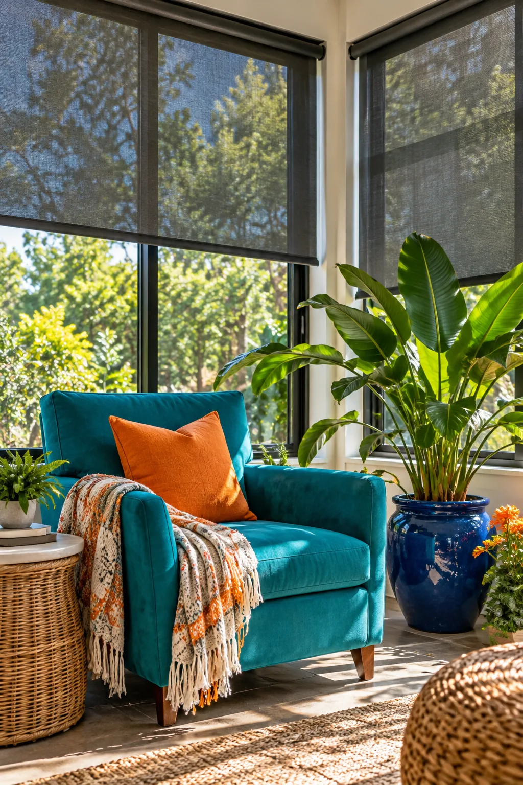 Solar screen shades in a sunroom blocking glare