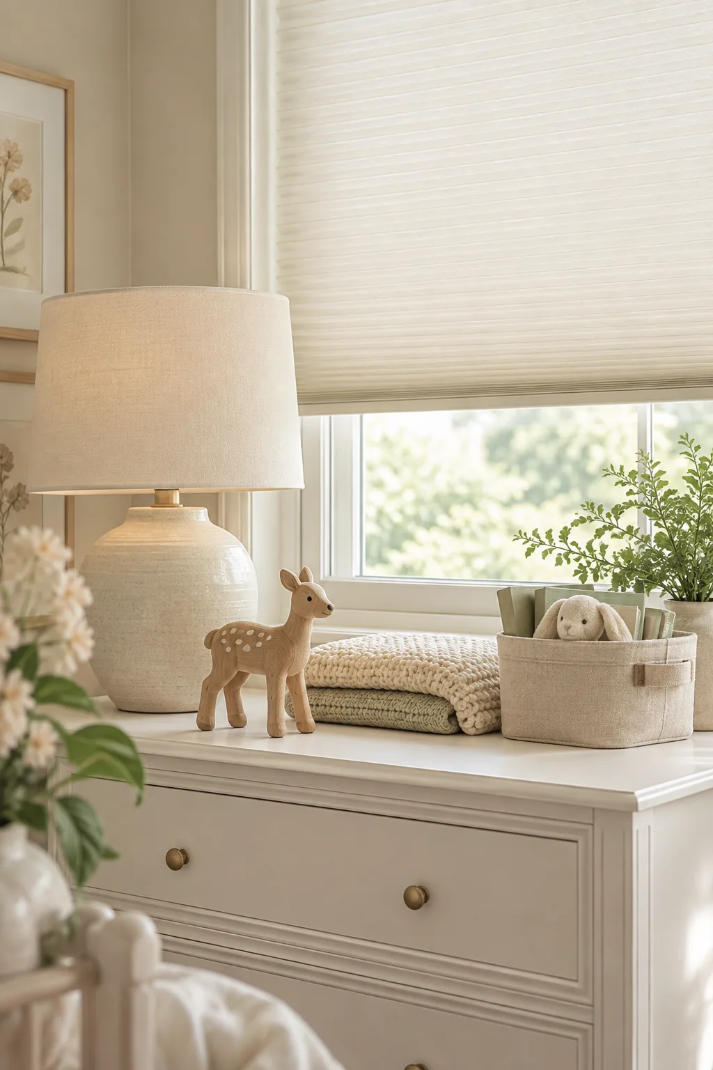 Cordless cellular shades in a cozy nursery