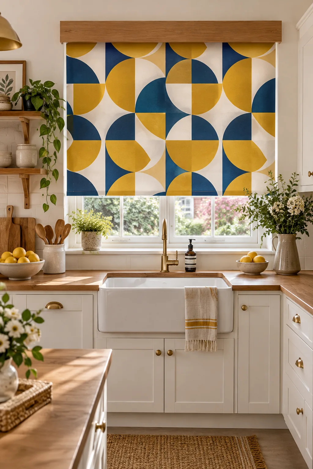 Bold floral patterned roller blind in a neutral kitchen