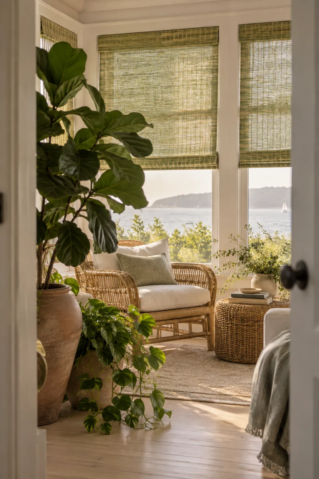 Sheer woven grass shades in a coastal sunroom