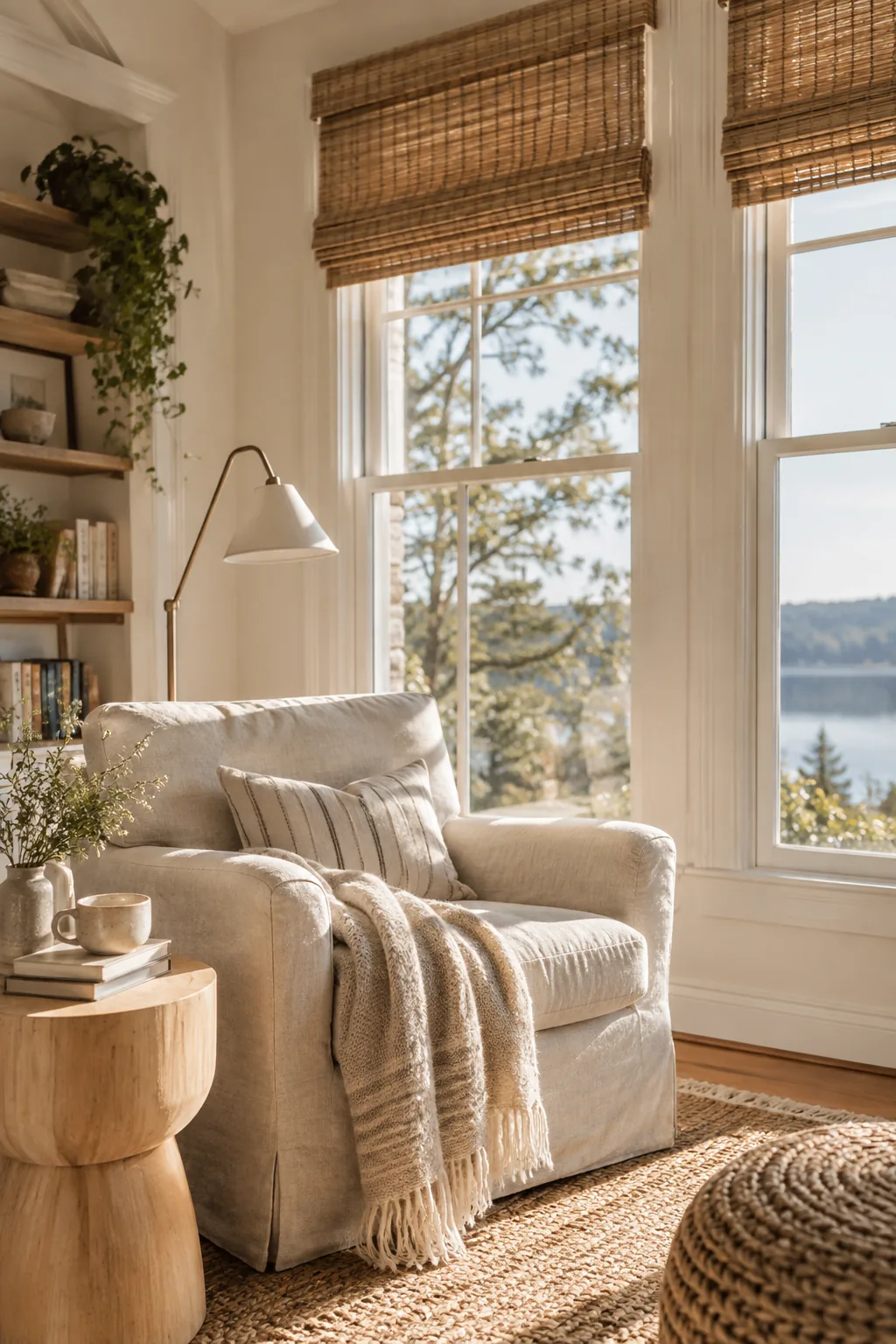 Bamboo blinds mounted high above a window frame