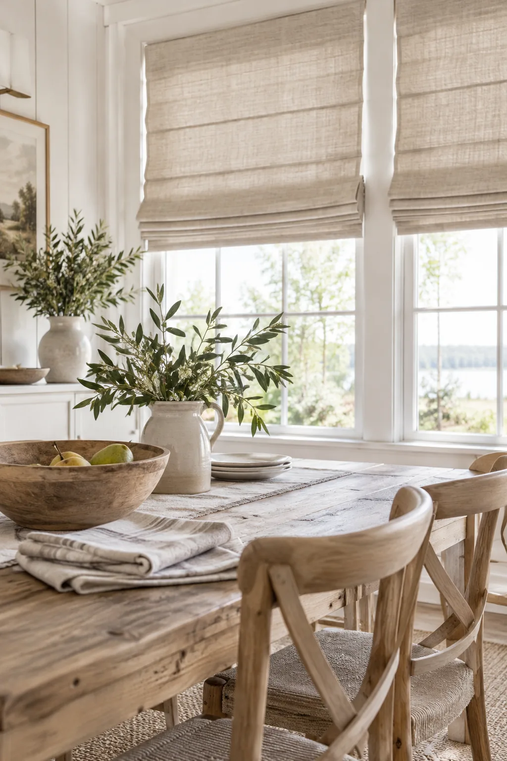 Faux linen Roman blinds in a modern farmhouse kitchen
