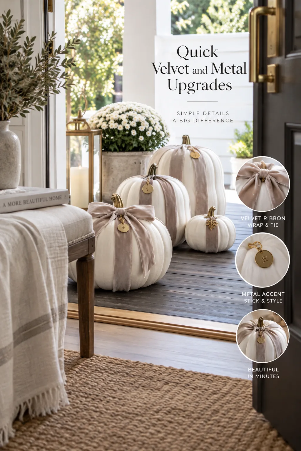 White pumpkins decorated with velvet ribbons and gold leaf on a wooden porch