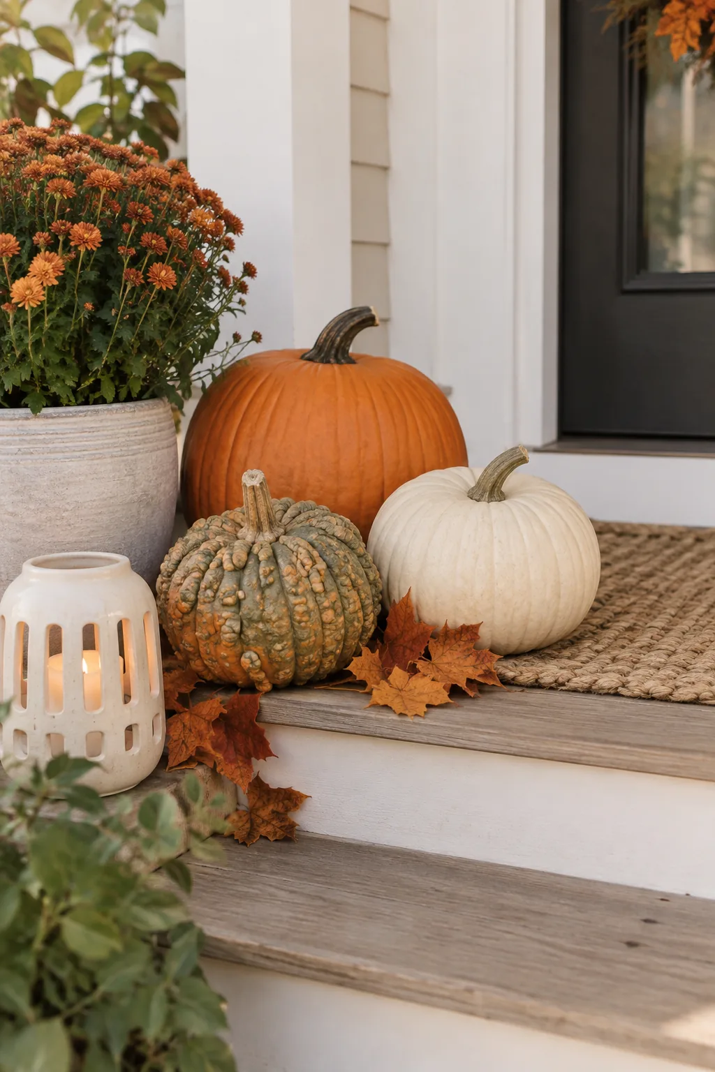 Three asymmetrical gourds grouped together on front steps with faux autumn leaves