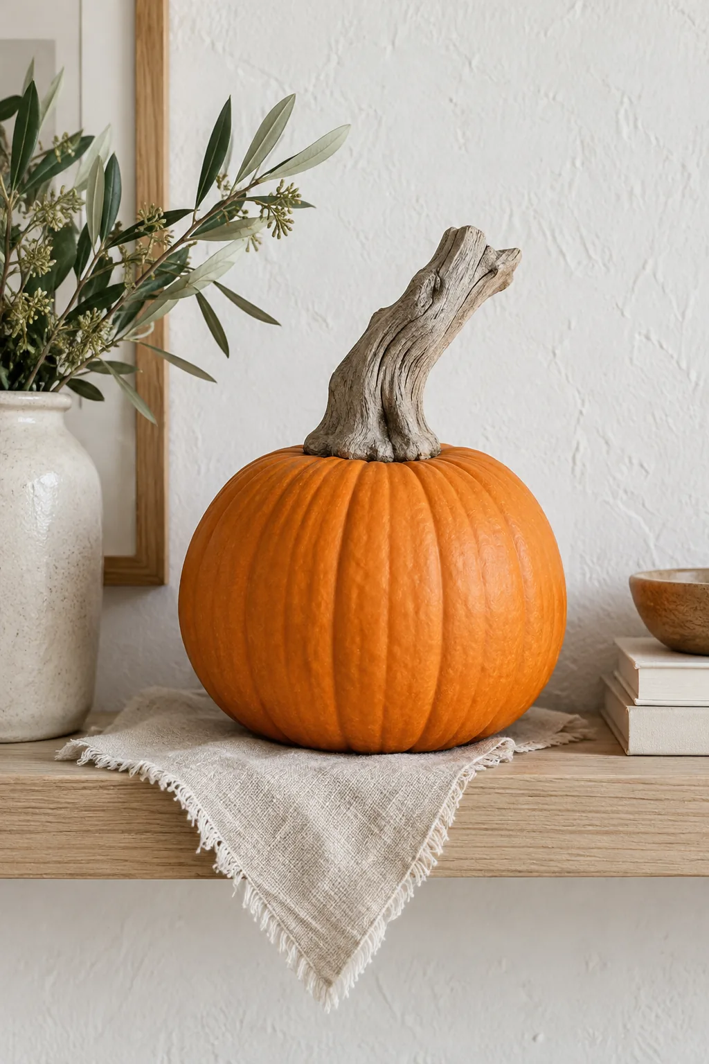 Bright orange pumpkin with a piece of gray driftwood glued on as a stem