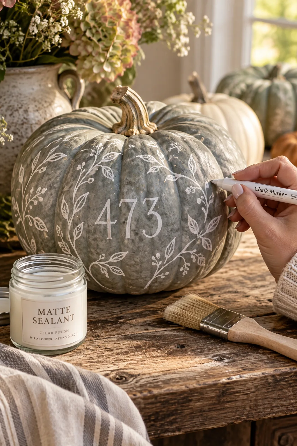 Heirloom pumpkins painted with matte sealant and decorated with white chalk marker vines