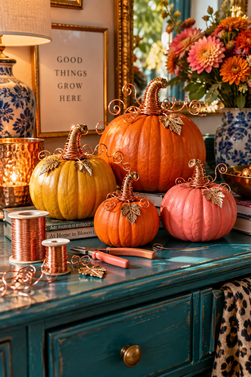 Pumpkin stem wrapped tightly in thick copper wire with curled ends