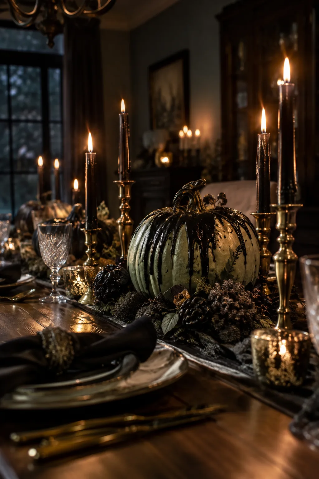Pale green gourd with black wax dripped down the sides near brass candlesticks