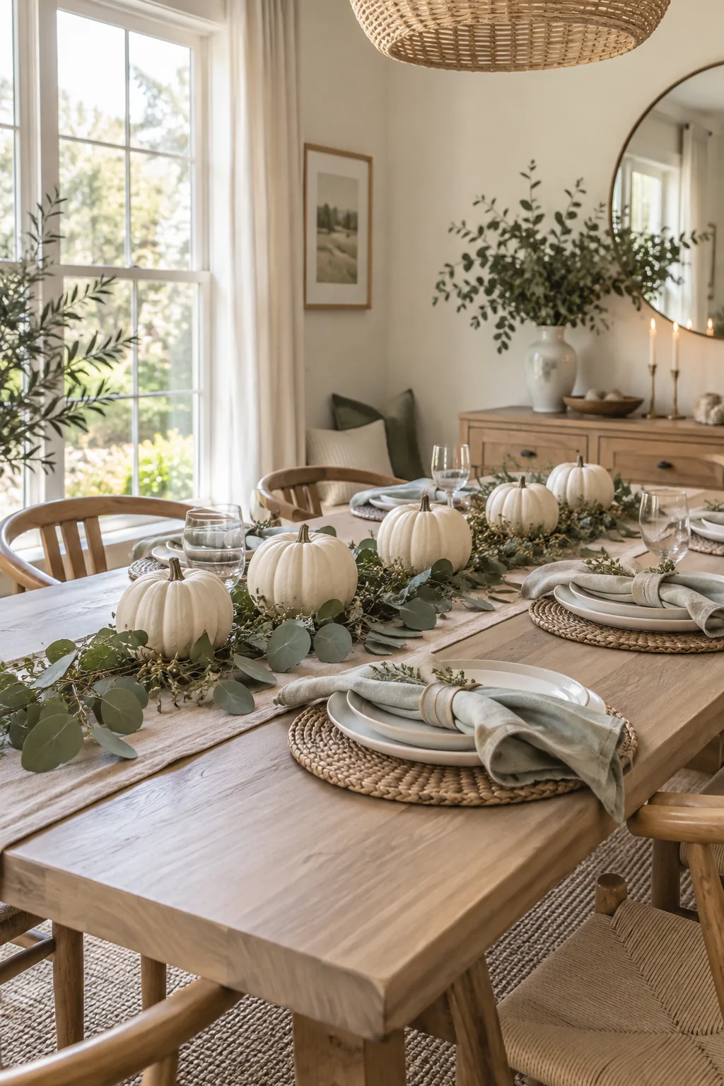 Five matte cream miniature pumpkins arranged down a dining table with eucalyptus