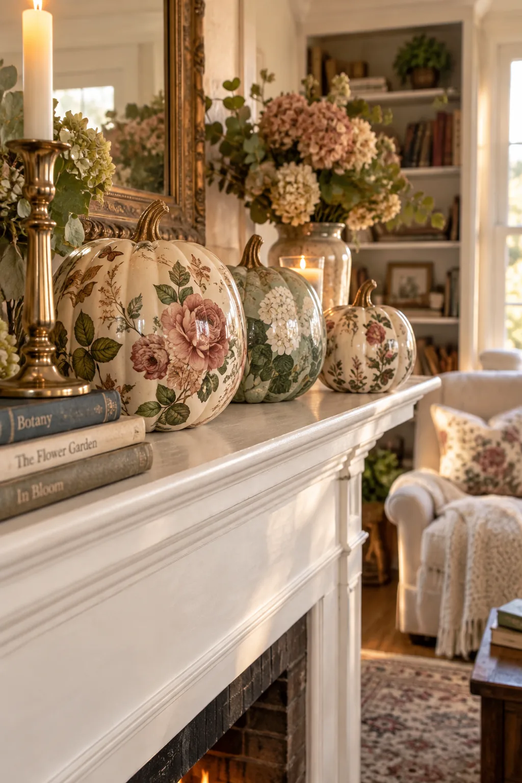 Faux pumpkins decorated with vintage botanical prints using decoupage
