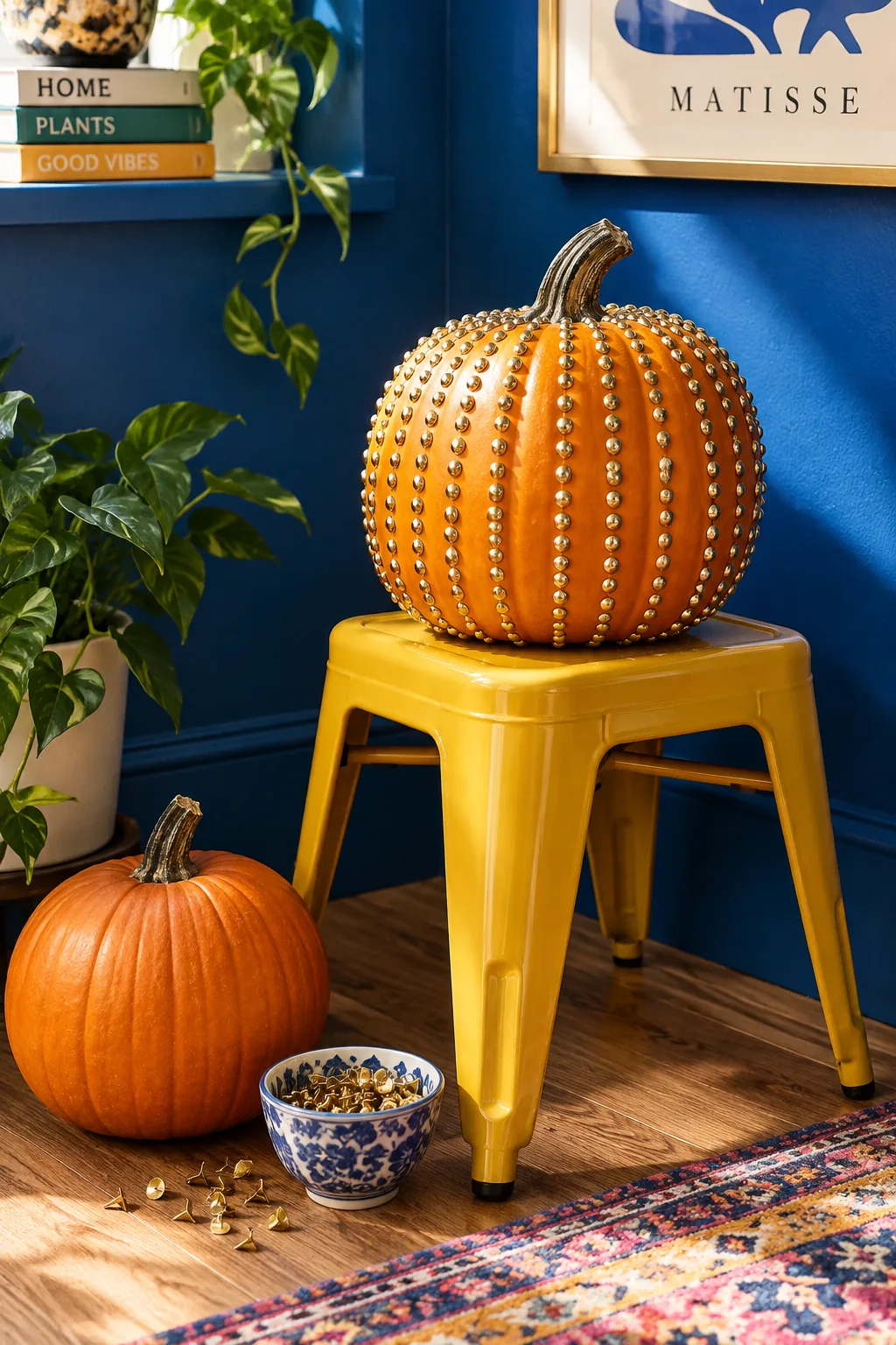 Pumpkin decorated with vertical lines of brass upholstery tacks