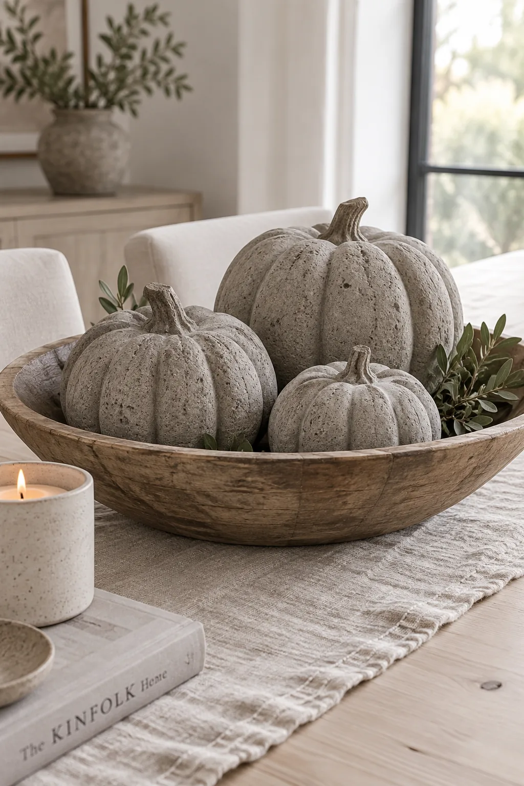 Three foam pumpkins painted with stone-textured spray paint in a wooden bowl