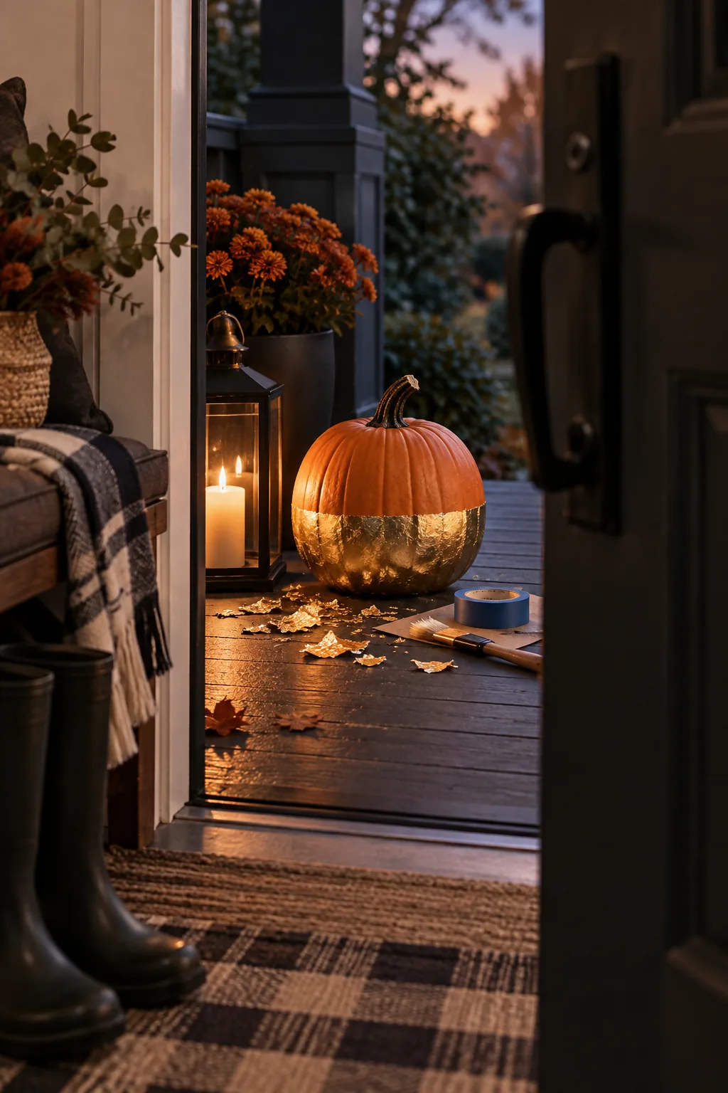 Orange carving pumpkin with the bottom half covered in liquid gold leaf