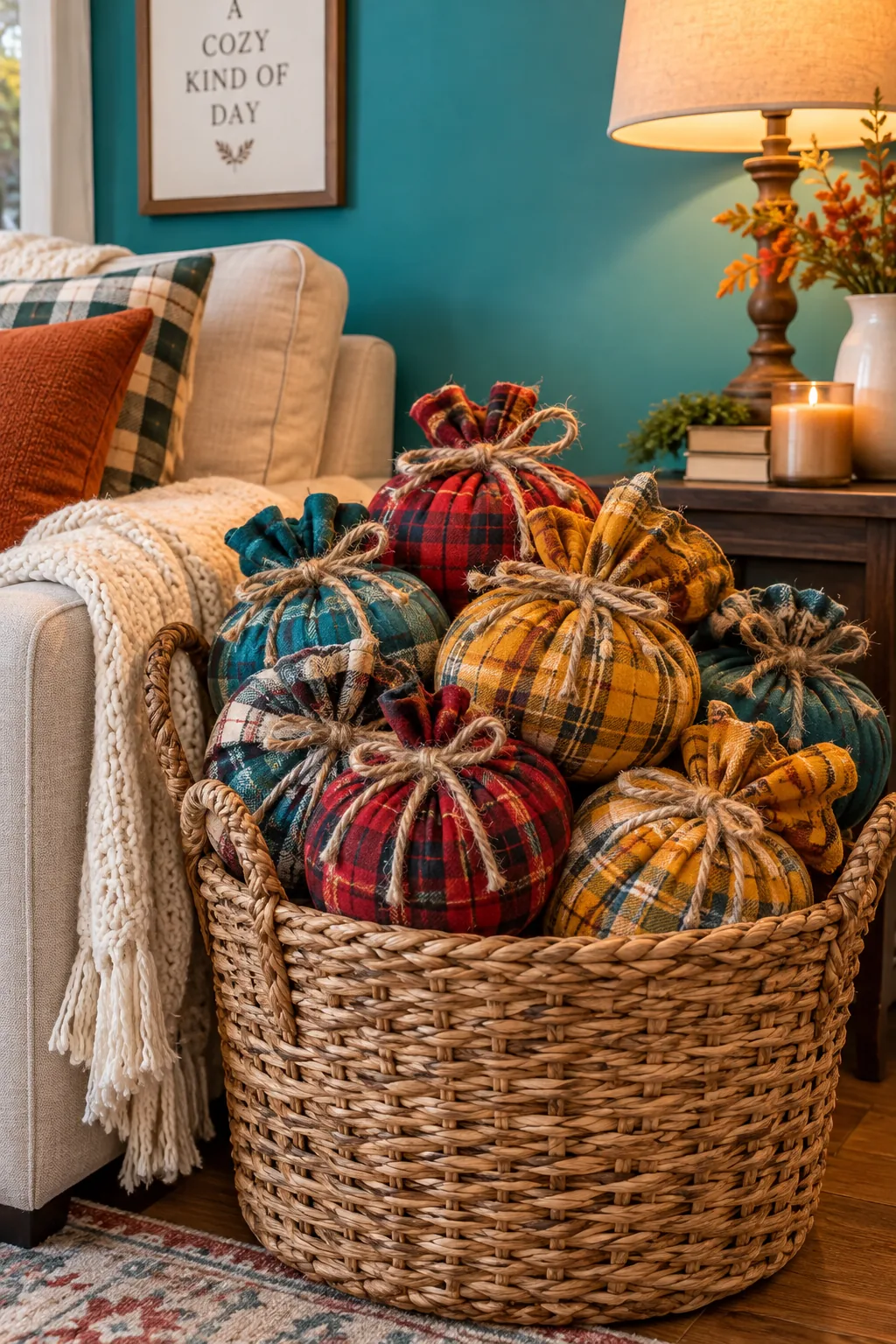 Small pumpkins wrapped tightly in plaid flannel fabric tied with jute twine