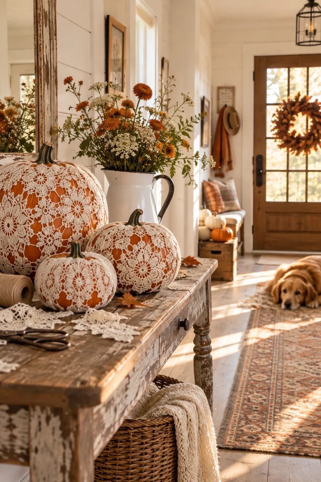 Medium pumpkin covered tightly in white vintage lace tights